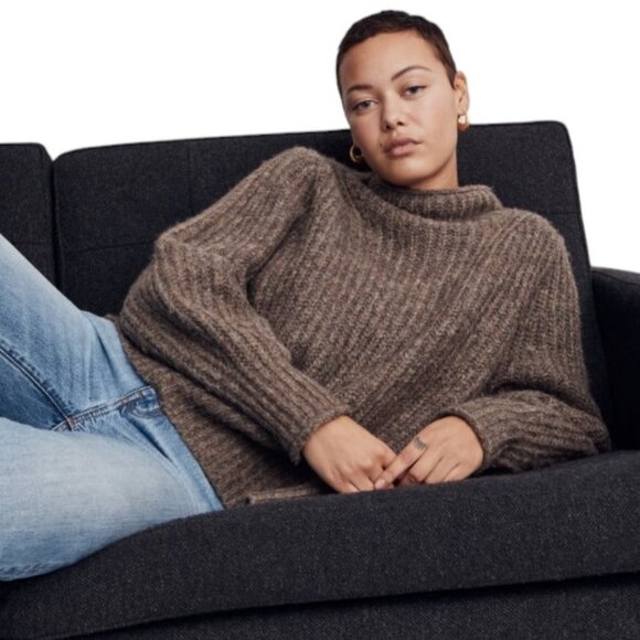 EUC Madewell Puff Sleeve Loretto Mockneck Pullover Sweater in Heather Otter - Picture 3 of 14